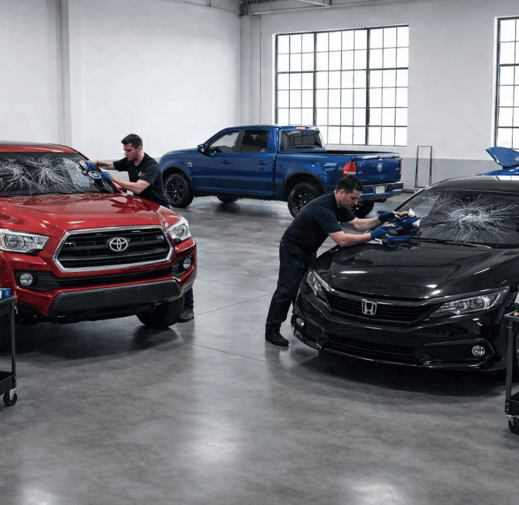 HS Auto Glass certified technician performing windshield service